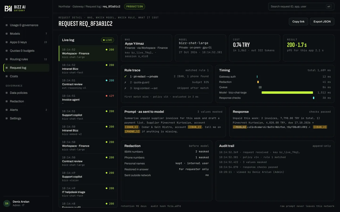 Bizz AI Gateway — İstek kaydı ayrıntısı