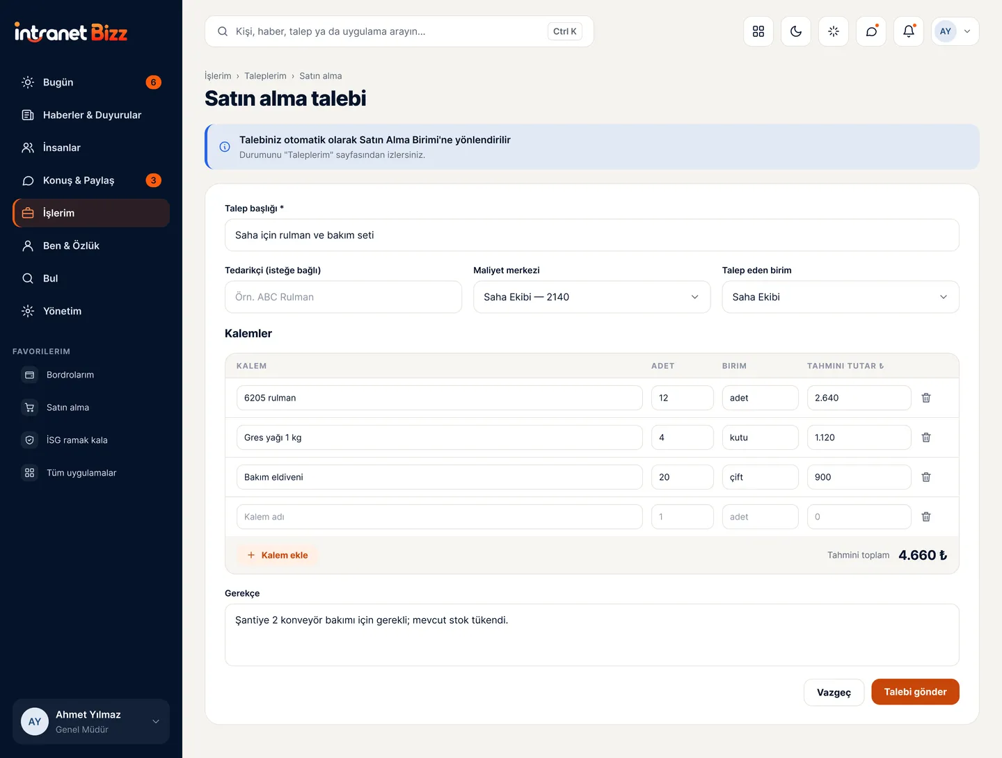 Intranet Bizz — Satın alma talebi
