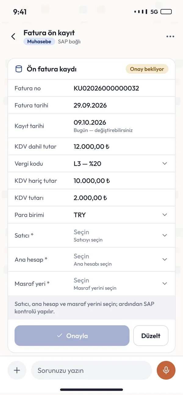 Bizz AI Workspace — Mobil · Fatura ön kaydı